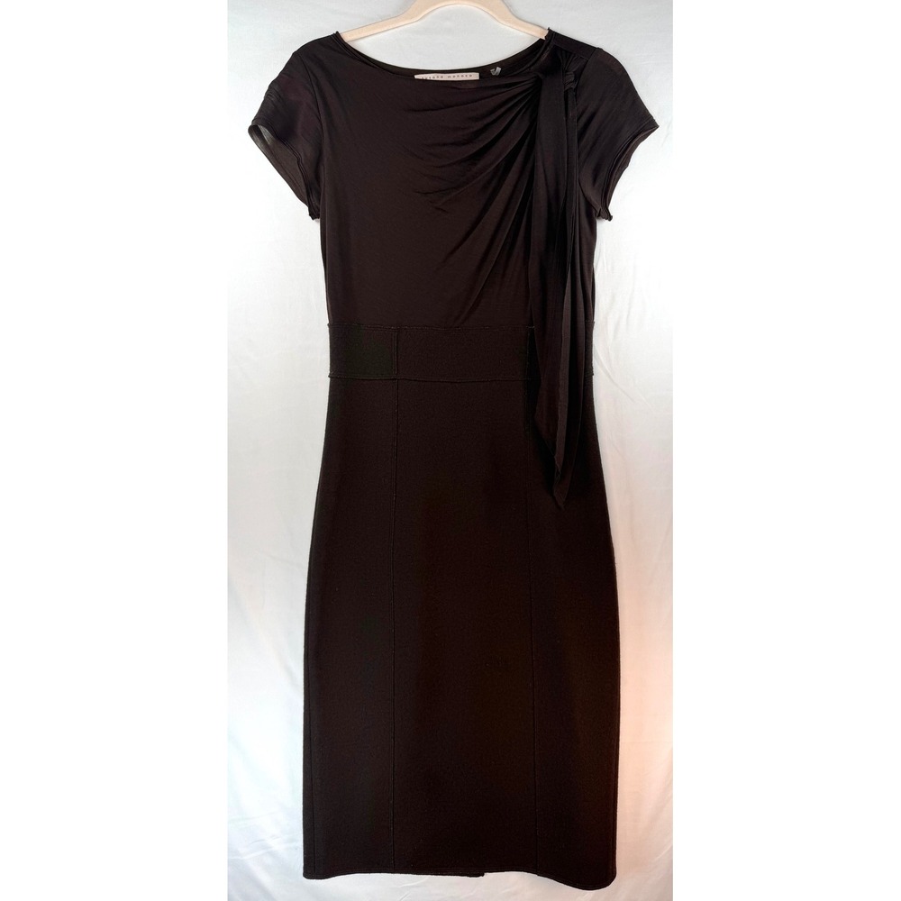 Susana Monaco Brown Wool Draped Sheath Dress Size 6 Asymmetric Sash Cap Sleeve